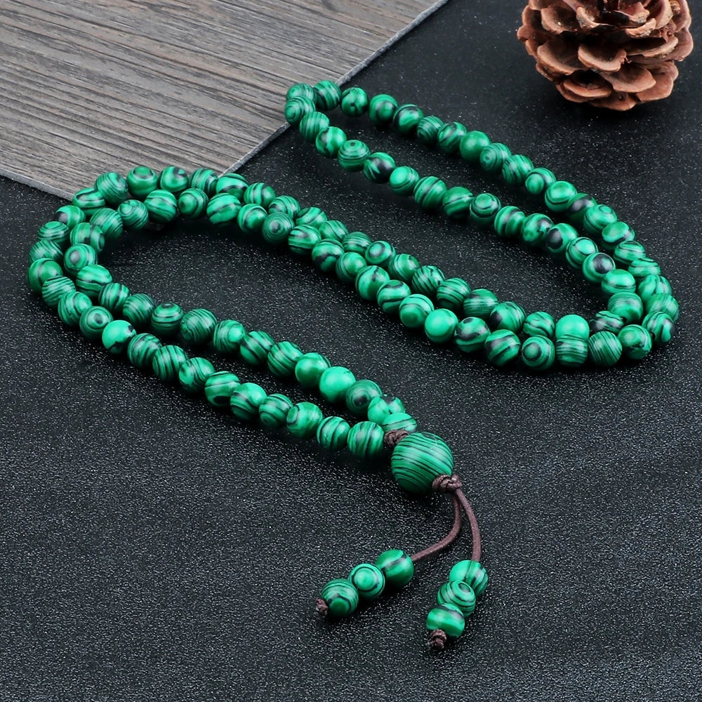 Men's Natural Stone Malachite 108 Beaded Necklace